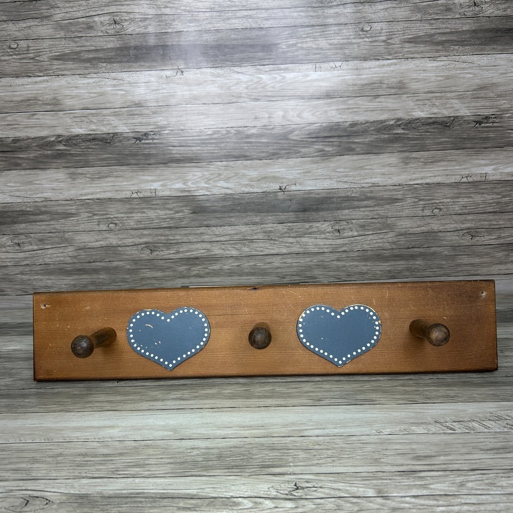 Vintage Wood Blue Heart Peg Wall Hanging Country Cottage Decor Rack